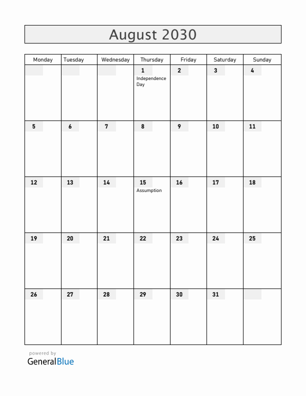 Benin August 2030 Calendar with Holidays