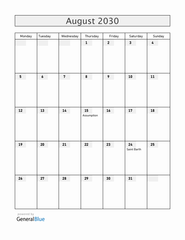Saint Barthelemy August 2030 Calendar with Holidays
