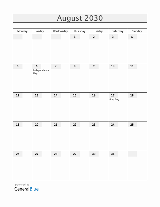 Bolivia August 2030 Calendar with Holidays