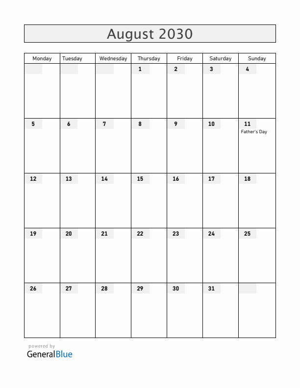 Brazil August 2030 Calendar with Holidays