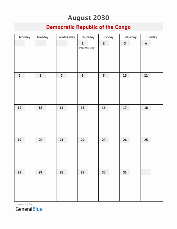 Democratic Republic of the Congo August 2030 Calendar with Holidays