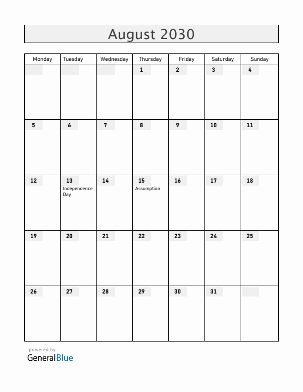 Central African Republic August 2030 Calendar with Holidays