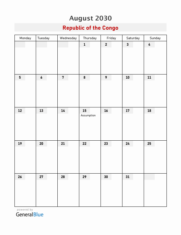 Republic of the Congo August 2030 Calendar with Holidays