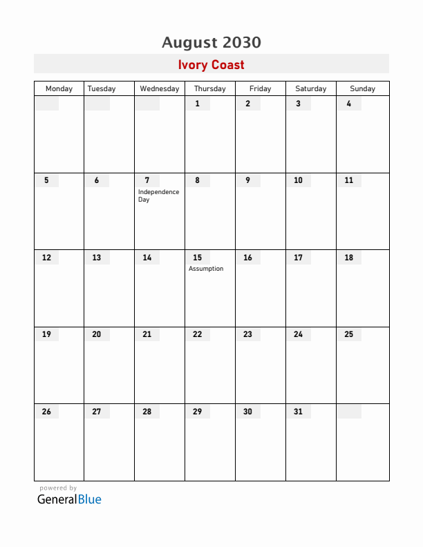 Ivory Coast August 2030 Calendar with Holidays
