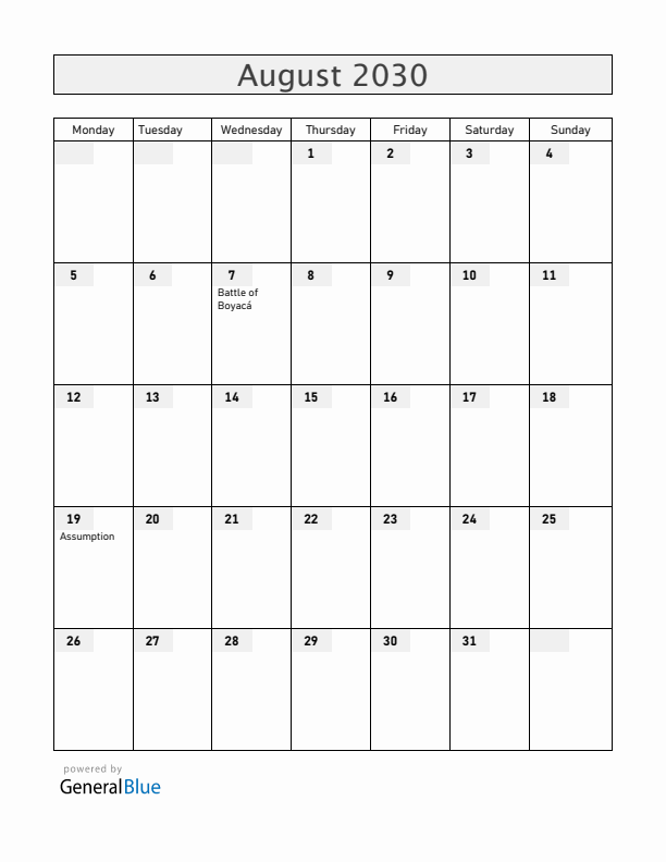 Colombia August 2030 Calendar with Holidays