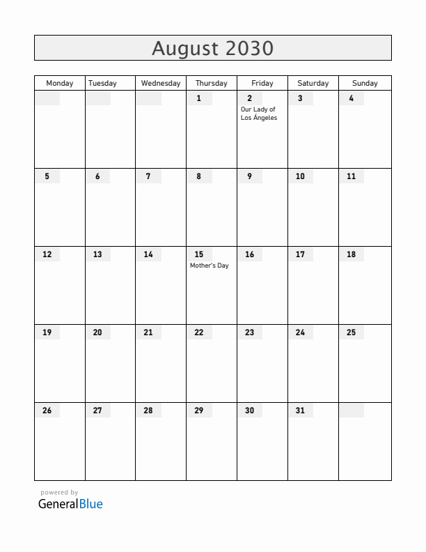 Costa Rica August 2030 Calendar with Holidays