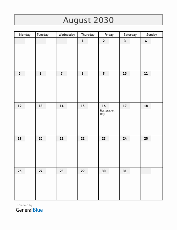 Dominican Republic August 2030 Calendar with Holidays