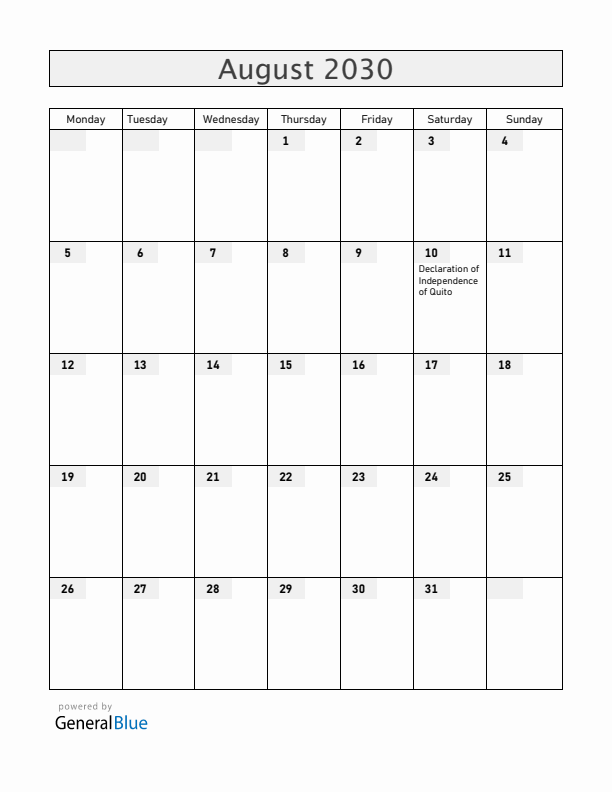 Ecuador August 2030 Calendar with Holidays