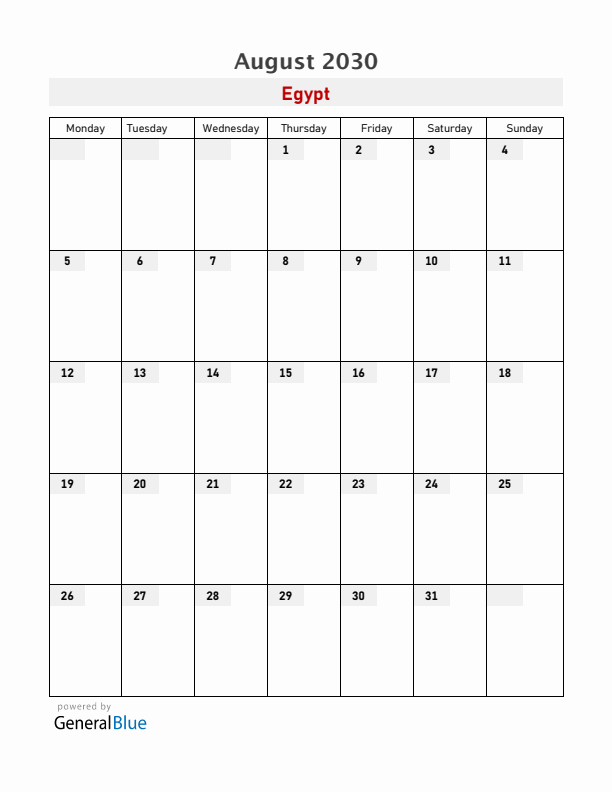 Egypt August 2030 Calendar with Holidays