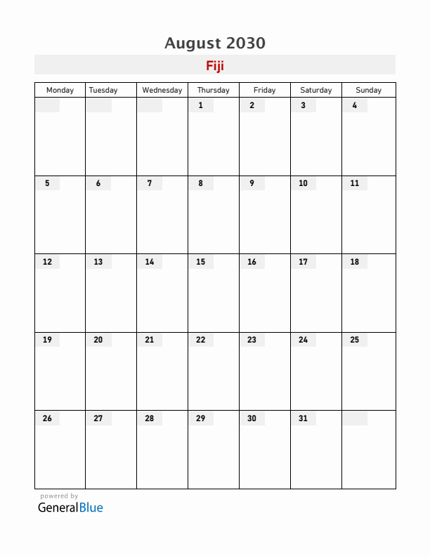 Fiji August 2030 Calendar with Holidays