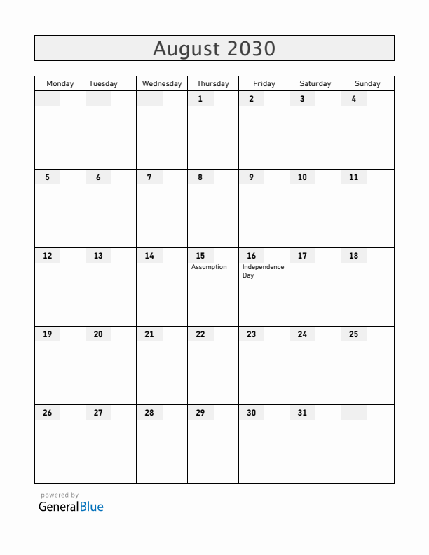 Gabon August 2030 Calendar with Holidays