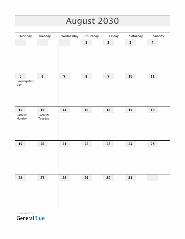 Grenada August 2030 Calendar with Holidays