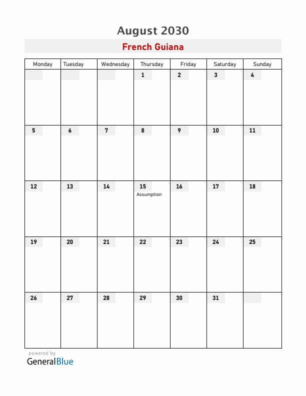 French Guiana August 2030 Calendar with Holidays