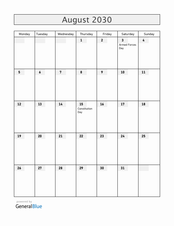 Equatorial Guinea August 2030 Calendar with Holidays