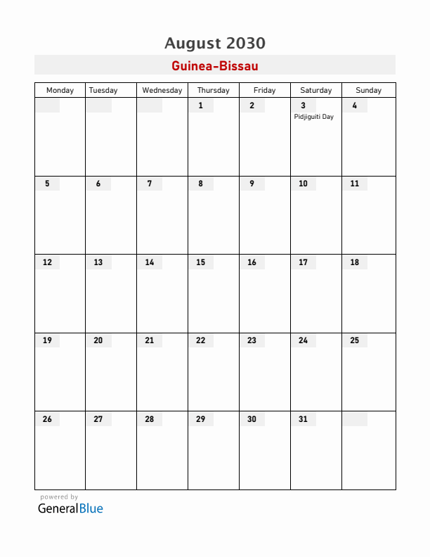 Guinea-Bissau August 2030 Calendar with Holidays