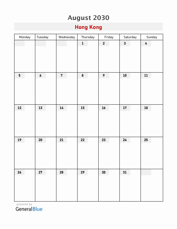 Hong Kong August 2030 Calendar with Holidays