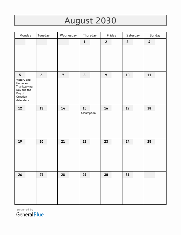 Croatia August 2030 Calendar with Holidays