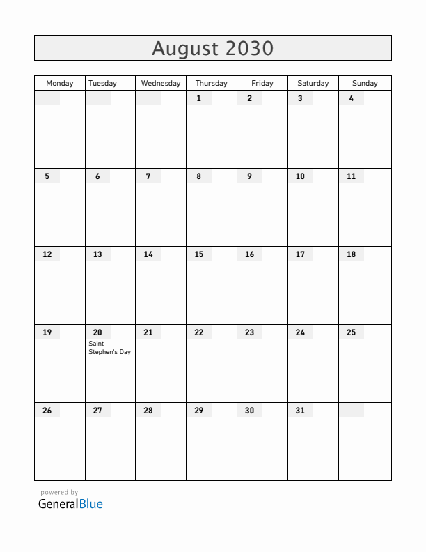 Hungary August 2030 Calendar with Holidays