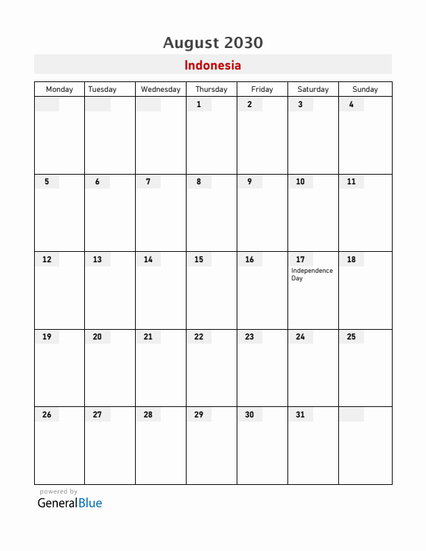 Indonesia August 2030 Calendar with Holidays