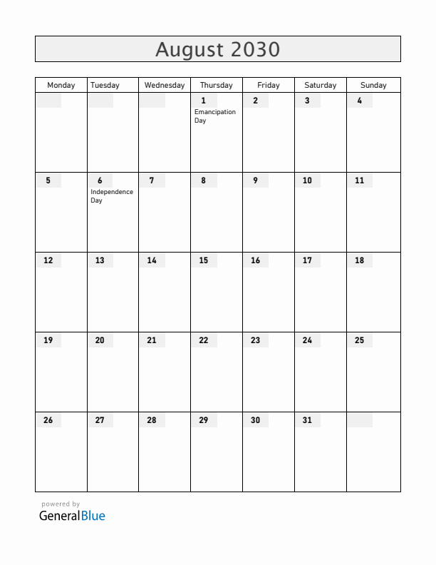 Jamaica August 2030 Calendar with Holidays