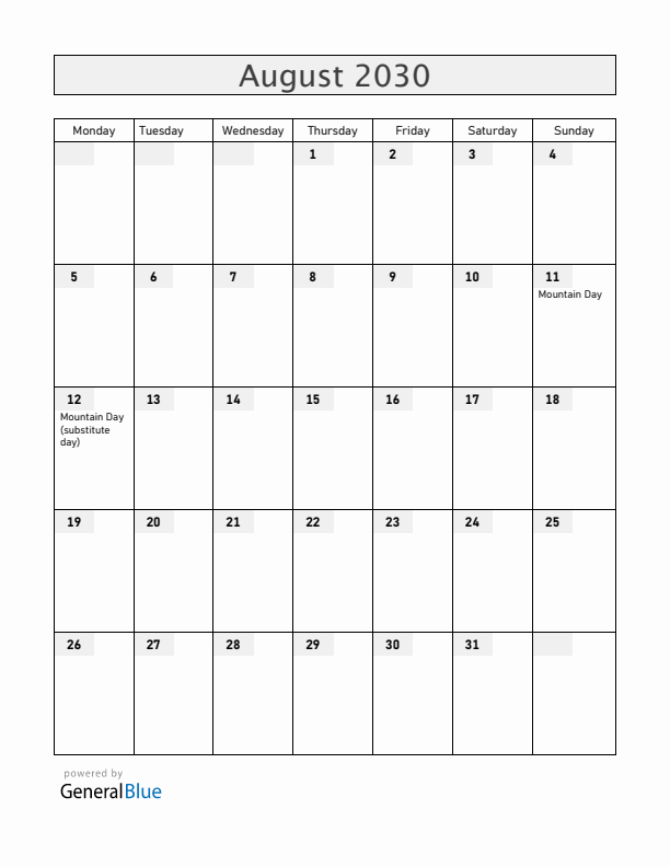 Japan August 2030 Calendar with Holidays