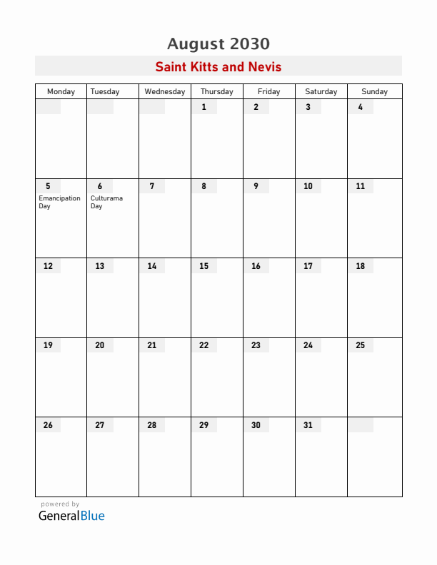 Saint Kitts and Nevis August 2030 Calendar with Holidays