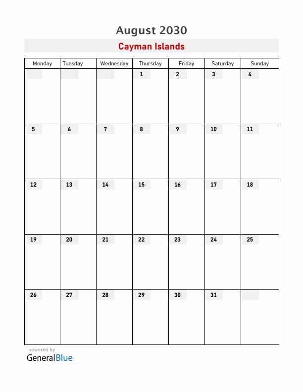 Cayman Islands August 2030 Calendar with Holidays
