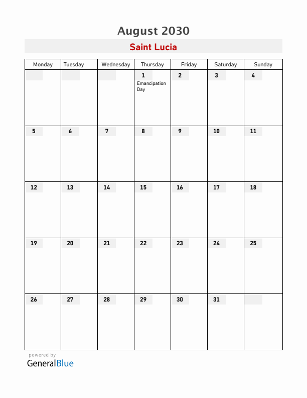 Saint Lucia August 2030 Calendar with Holidays