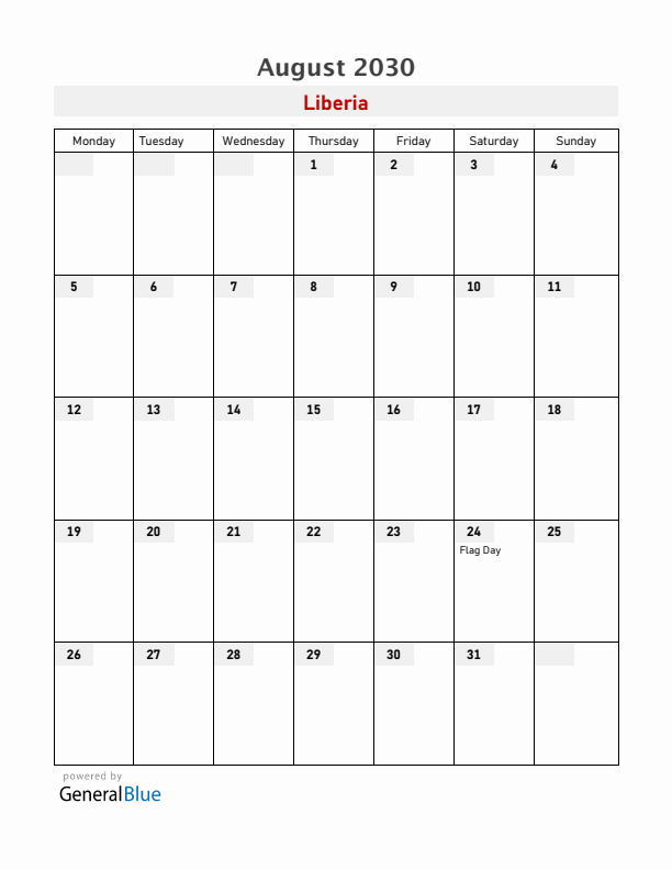 Liberia August 2030 Calendar with Holidays