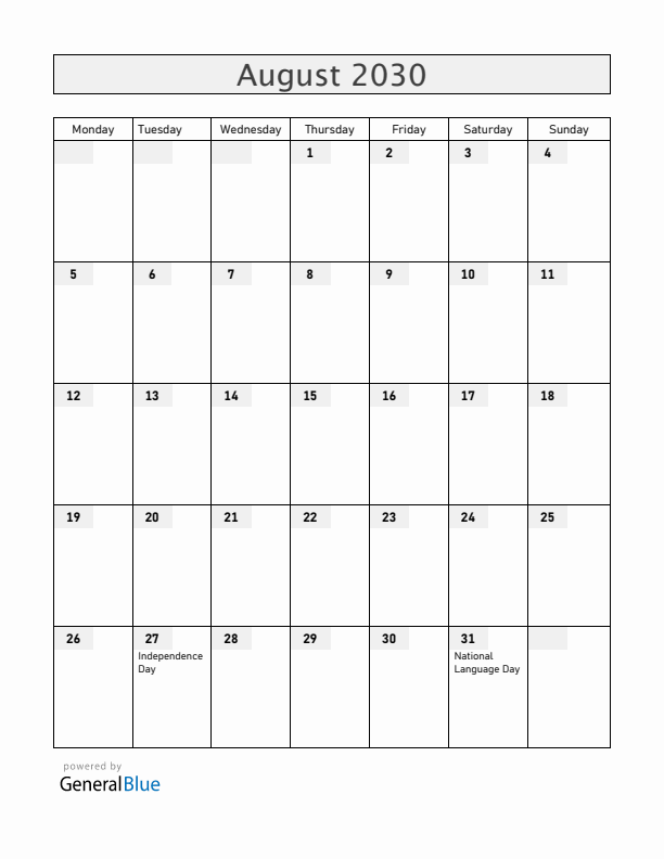 Moldova August 2030 Calendar with Holidays