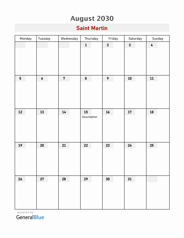 Saint Martin August 2030 Calendar with Holidays