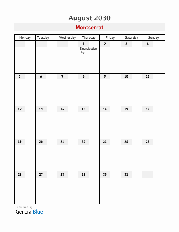 Montserrat August 2030 Calendar with Holidays
