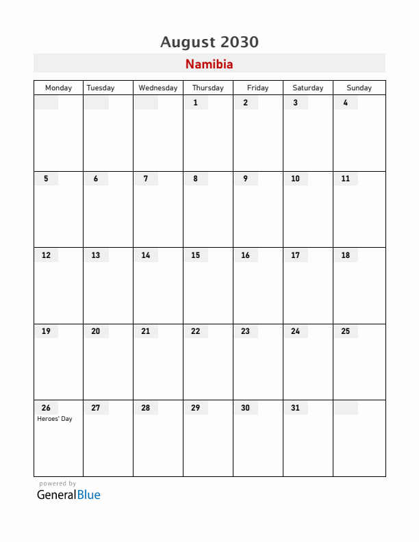 Namibia August 2030 Calendar with Holidays