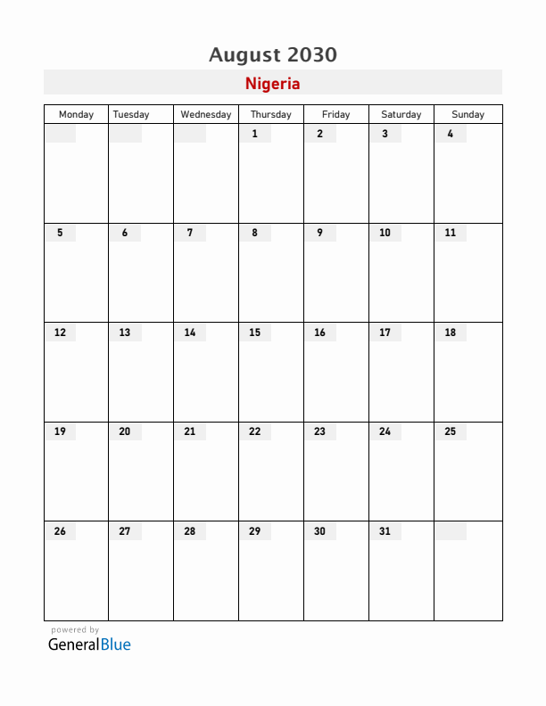 Nigeria August 2030 Calendar with Holidays