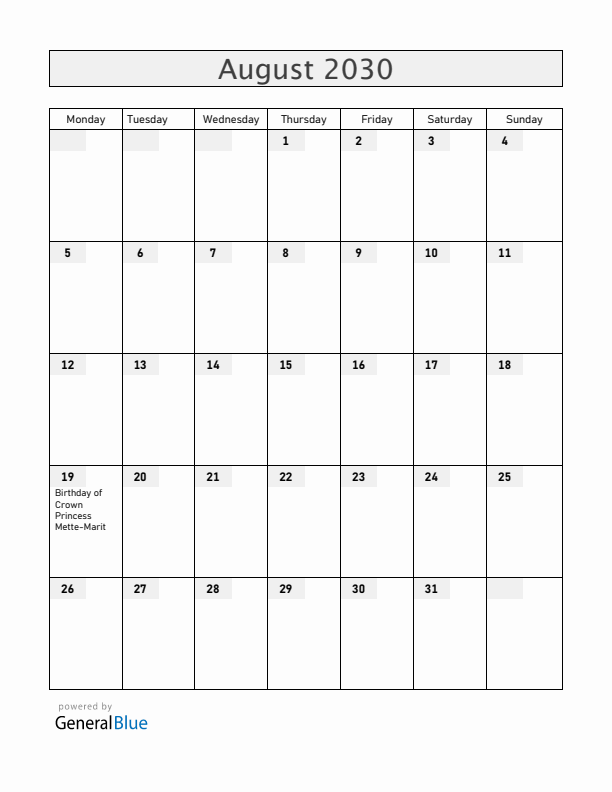 Norway August 2030 Calendar with Holidays