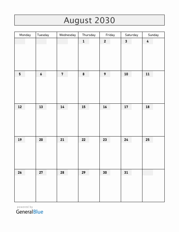 New Zealand August 2030 Calendar with Holidays