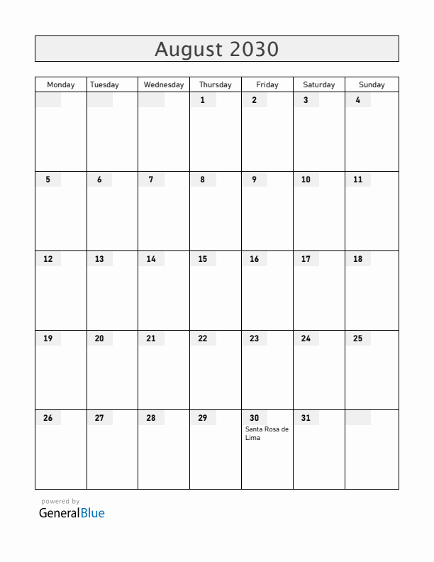 Peru August 2030 Calendar with Holidays