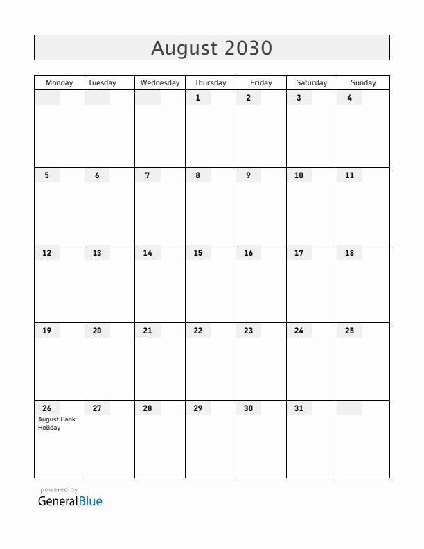 Saint Helena August 2030 Calendar with Holidays