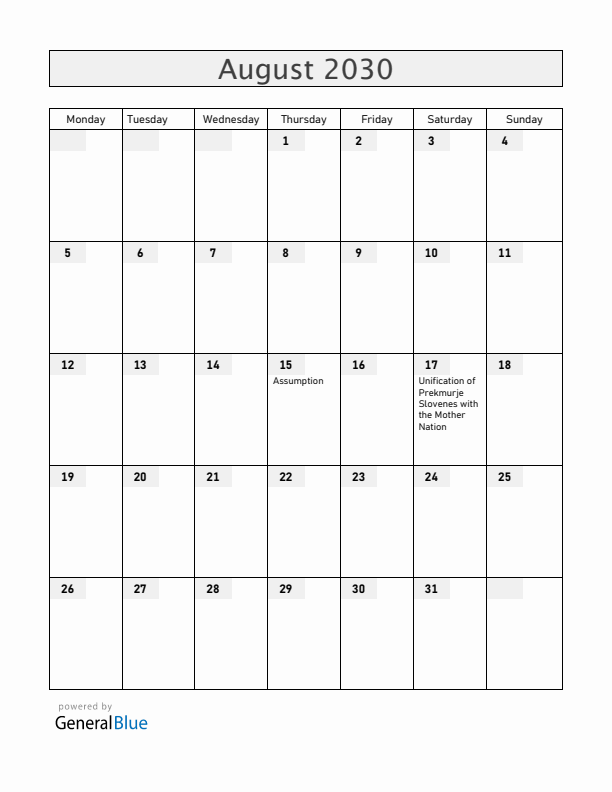 Slovenia August 2030 Calendar with Holidays