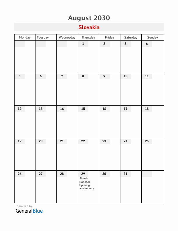 Slovakia August 2030 Calendar with Holidays