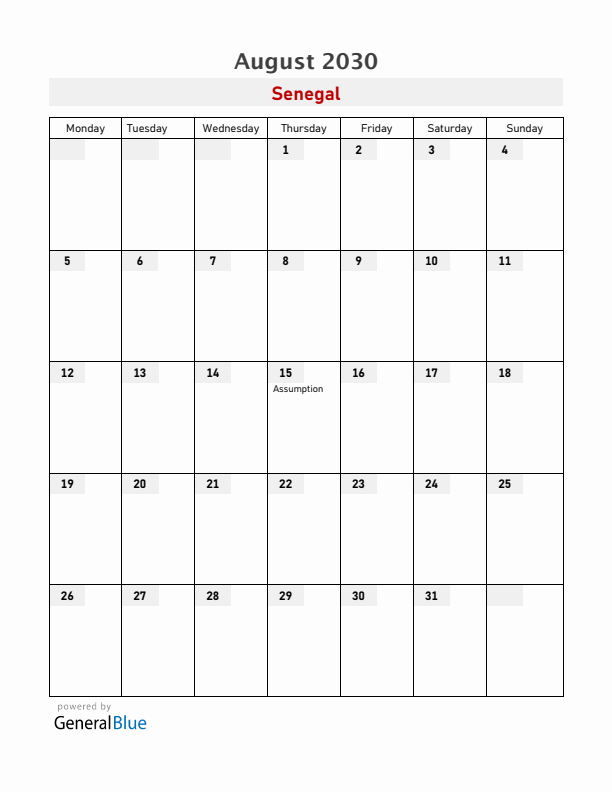 Senegal August 2030 Calendar with Holidays