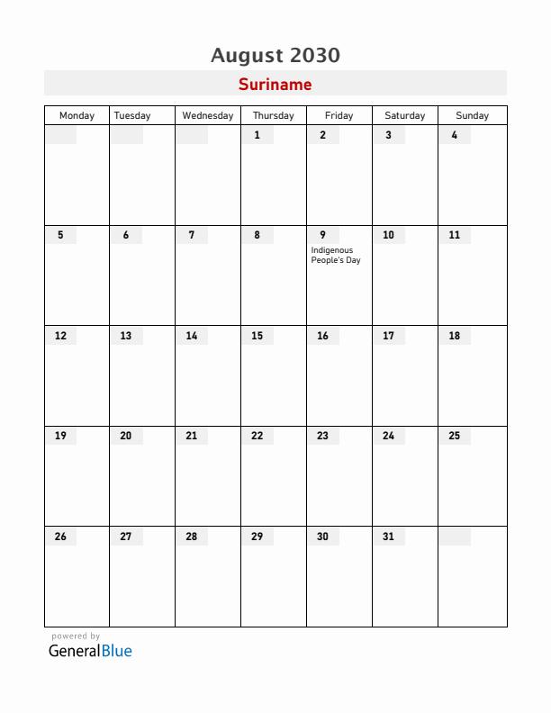 Suriname August 2030 Calendar with Holidays