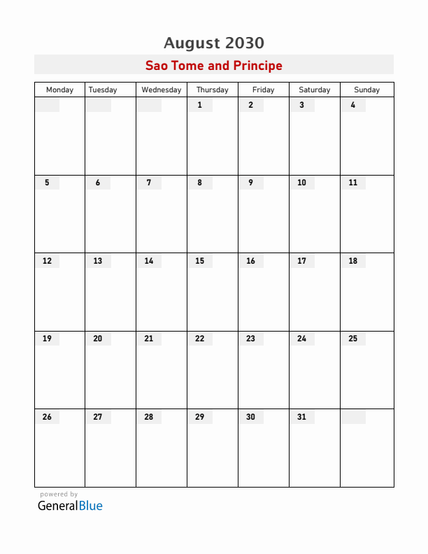 Sao Tome and Principe August 2030 Calendar with Holidays