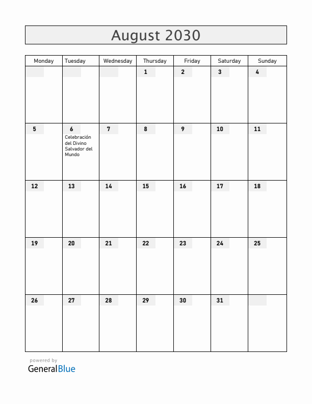 El Salvador August 2030 Calendar with Holidays