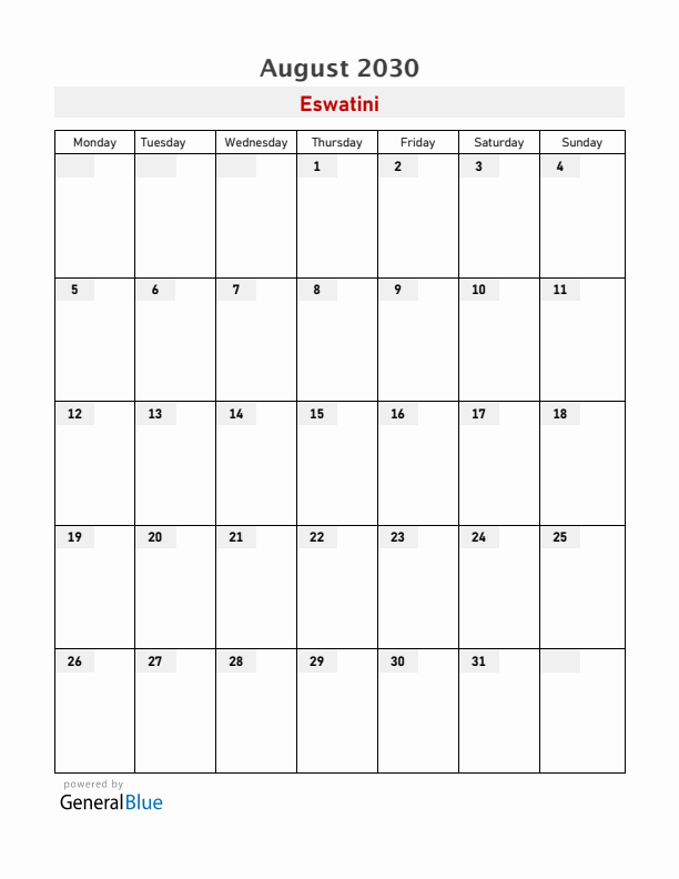Eswatini August 2030 Calendar with Holidays