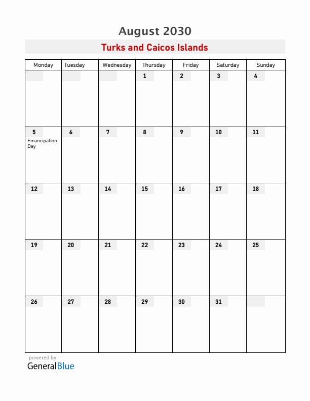 Turks and Caicos Islands August 2030 Calendar with Holidays