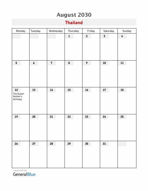 Thailand August 2030 Calendar with Holidays