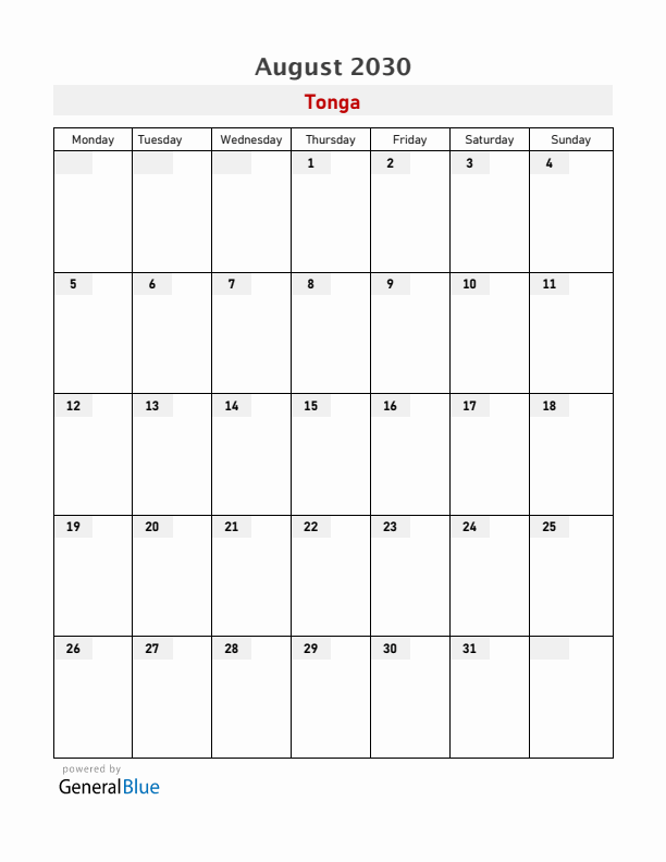 Tonga August 2030 Calendar with Holidays