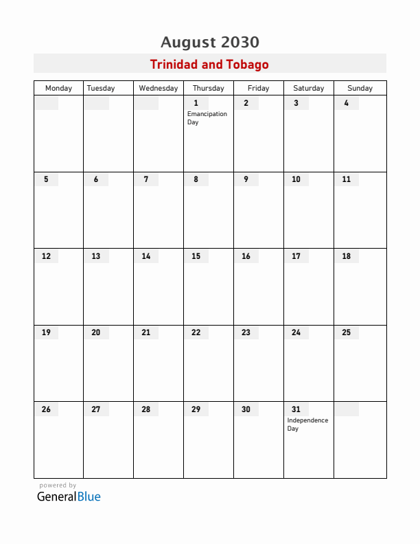 Trinidad and Tobago August 2030 Calendar with Holidays