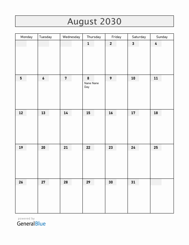 Tanzania August 2030 Calendar with Holidays
